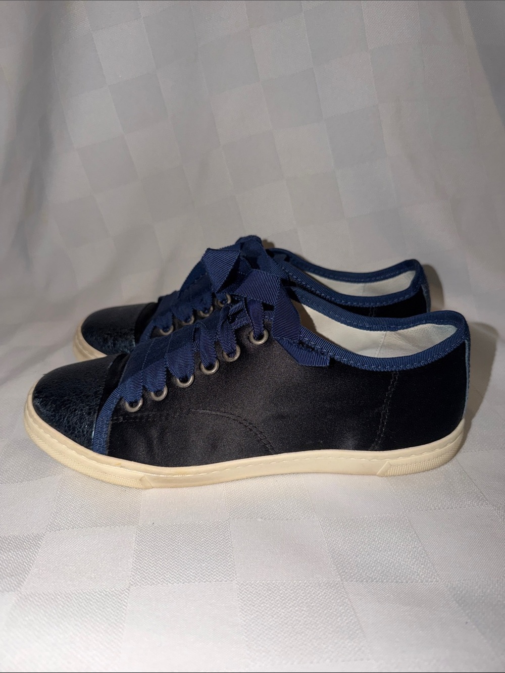 36.5 Lanvin Blue Satin Low-Top Leather Cap Toe Ribbon Laces Sneakers